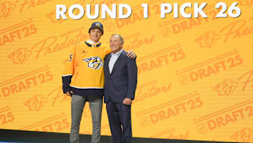 Jun 27, 2025; Los Angeles, California, USA; Ryker Lee is selected as the 26th overall pick to the Nashville Predators in the first round of the 2025 NHL Draft at Peacock Theater. Mandatory Credit: Kirby Lee-Imagn Images