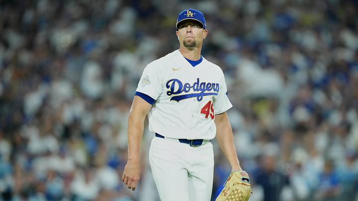 Mar 26, 2026; Los Angeles, California, USA; Los Angeles Dodgers pitcher Blake Treinen (49) looks on while walking to the dugout after the seventh inning against the Arizona Diamondbacks at Dodger Stadium. Mandatory Credit: Kirby Lee-Imagn Images Mar 26, 2026; Los Angeles, California, USA; Los Angeles Dodgers pitcher Blake Treinen (49) looks on while walking to the dugout after the seventh inning against the Arizona Diamondbacks at Dodger Stadium. Mandatory Credit: Kirby Lee-Imagn Images