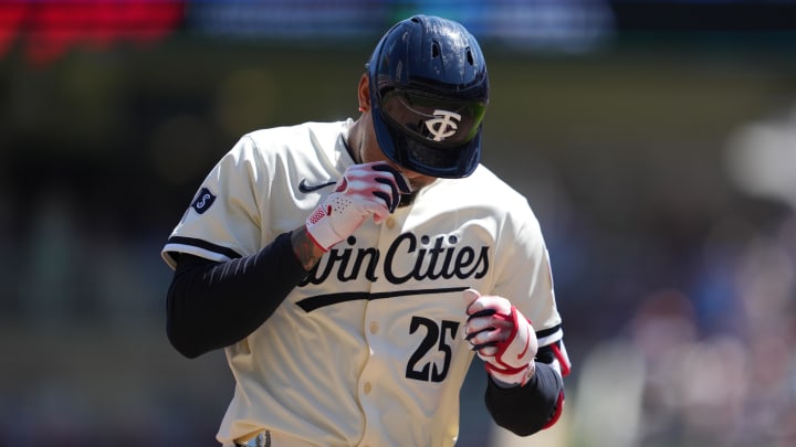 Aug 11, 2024; Minneapolis, Minnesota, USA; Minnesota Twins center fielder Byron Buxton (25) reacts to hitting a solo home run during the second inning against the Cleveland Guardians at Target Field. Mandatory Credit: Jordan Johnson-USA TODAY Sports