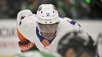 Oct 12, 2024; Dallas, Texas, USA; New York Islanders left wing Anthony Duclair (11) in action during the game between the Dallas Stars and the New York Islanders at the American Airlines Center. Mandatory Credit: Jerome Miron-Imagn Images