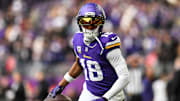 Nov 9, 2025; Minneapolis, Minnesota, USA; Minnesota Vikings wide receiver Justin Jefferson (18) warms up before the game against the Baltimore Ravens at U.S. Bank Stadium.