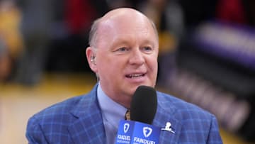 Dec 15, 2024; Los Angeles, California, USA; FanDuel Sports Network play-by-play announcer Pete Pranica during the game between the Memphis Grizzlies and the Los Angeles Lakers at Crypto.com Arena. 
