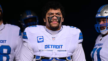 Dec 22, 2024; Chicago, Illinois, USA; Detroit Lions offensive tackle Penei Sewell (58) stands in the tunnel before the game against the Chicago Bears at Soldier Field. Mandatory Credit: Daniel Bartel-Imagn Images