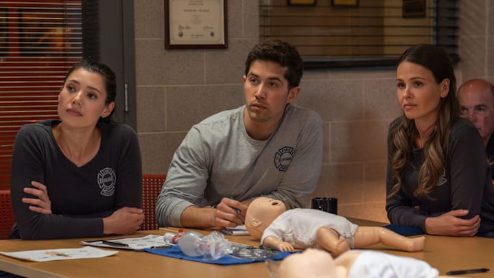CHICAGO FIRE -- "Carry A Torch" Episode 1410 -- Pictured: (l-r) Hanako Greensmith as Violet Mikami, Brandon Larracuente as Sal Vasquez, Jocelyn Hudon as Lyla Novak 