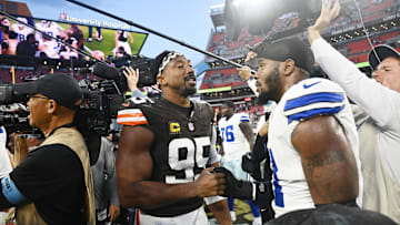 Sep 8, 2024; Cleveland, Ohio, USA; Cleveland Browns defensive end Myles Garrett (95) talks to Dallas Cowboys linebacker Micah Parsons (11) after the game at Huntington Bank Field. Mandatory Credit: Ken Blaze-Imagn Images