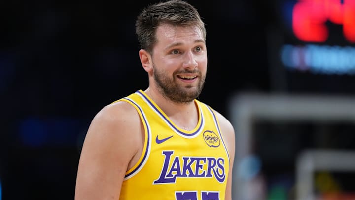 Mar 6, 2026; Los Angeles, California, USA; Los Angeles Lakers guard Luka Doncic (77) reacts against the Indiana Pacers in the second half at Crypto.com Arena. Mandatory Credit: Kirby Lee-Imagn Images