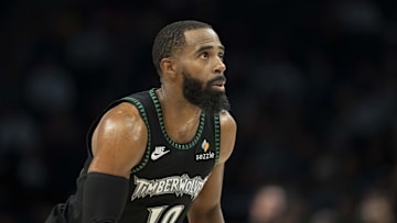 Oct 29, 2025; Minneapolis, Minnesota, USA; Minnesota Timberwolves guard Mike Conley (10) looks on against the Los Angeles Lakers in the second half at Target Center. Mandatory Credit: Jesse Johnson-Imagn Images