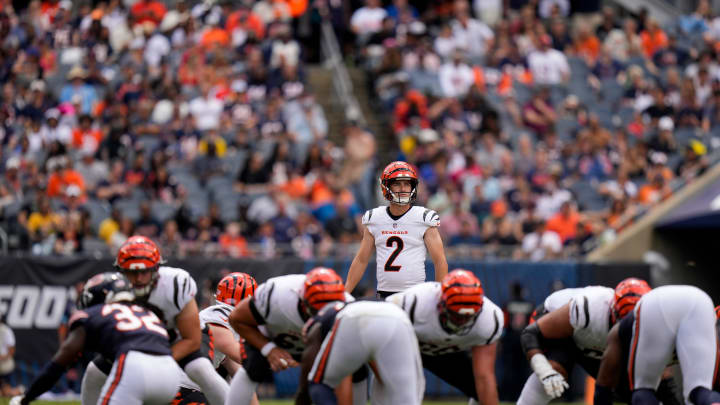 Cincinnati Bengals kicker Evan McPherson (2) lines up to kick a field goal in the second quarter of the NFL Preseason Week 2 game between the Chicago Bears and the Cincinnati Bengals at Soldier Field in downtown Chicago on Saturday, Aug. 17, 2024. The Bears led 10-3 at halftime.