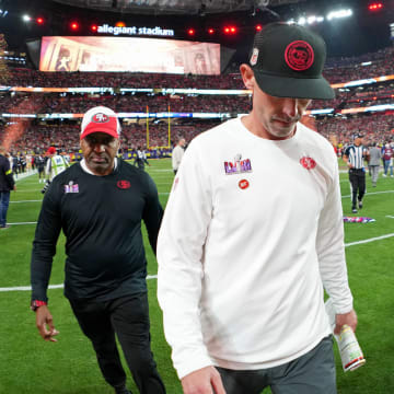Feb 11, 2024; Paradise, Nevada, USA; San Francisco 49ers head coach Kyle Shanahan walks off the field after losing Super Bowl LVIII to the Kansas City Chiefs at Allegiant Stadium. Mandatory Credit: Kirby Lee-USA TODAY Sports