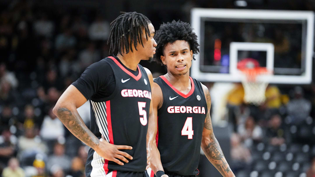 Jan 20, 2026; Columbia, Missouri, USA; Georgia Bulldogs guard Jeremiah Wilkinson (5) talks with guard Marcus Millender (4) against the Missouri Tigers during the second half of the game at Mizzou Arena. Mandatory Credit: Denny Medley-Imagn Images Jan 20, 2026; Columbia, Missouri, USA; Georgia Bulldogs guard Jeremiah Wilkinson (5) talks with guard Marcus Millender (4) against the Missouri Tigers during the second half of the game at Mizzou Arena. Mandatory Credit: Denny Medley-Imagn Images