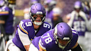 Aug 9, 2025; Minneapolis, Minnesota, USA; Minnesota Vikings quarterback J.J. McCarthy (9) and center Ryan Kelly (78) warm up before the game against the Houston Texans at U.S. Bank Stadium. Mandatory Credit: Jeffrey Becker-Imagn Images