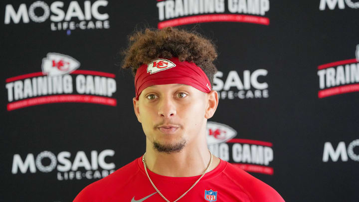 Jul 26, 2024; Kansas City, MO, USA; Kansas City Chiefs quarterback Patrick Mahomes (15) speaks to the media after training camp at Missouri Western State University.