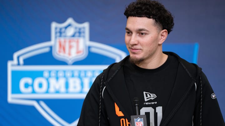 Feb 27, 2026; Indianapolis, IN, USA; Tennessee quarterback Joey Aguilar (QB01) speaks to members of the media during the NFL Combine at the Indiana Convention Center. Mandatory Credit: Jacob Musselman-Imagn Images