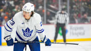 Nov 3, 2024; Saint Paul, Minnesota, USA; Toronto Maple Leafs left wing Matthew Knies (23) during a game between the Minnesota Wild and Toronto Maple Leafs at Xcel Energy Center. Mandatory Credit: Brace Hemmelgarn-Imagn Images