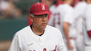 Feb 28, 2025; Stanford, CA, USA; Stanford Cardinal manager David Esquer during the third inning against the Xavier Musketeers at Sunken Diamond. Mandatory Credit: Darren Yamashita-Imagn Images