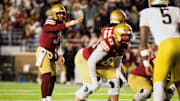 Nov 1, 2025; Chestnut Hill, Massachusetts, USA; Boston College Eagles quarterback Grayson James (3) calls the snap count against the Notre Dame Fighting Irish defense in the fourth quarter at Alumni Stadium. Mandatory Credit: Edward Finan-Imagn Images