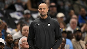 Mar 31, 2025; Dallas, Texas, USA; Brooklyn Nets head coach Jordi Fernandez during the game between the Dallas Mavericks and the Brooklyn Nets at the American Airlines Center. Mandatory Credit: Jerome Miron-Imagn Images