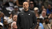 Mar 31, 2025; Dallas, Texas, USA; Brooklyn Nets head coach Jordi Fernandez during the game between the Dallas Mavericks and the Brooklyn Nets at the American Airlines Center. Mandatory Credit: Jerome Miron-Imagn Images
