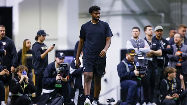 Apr 4, 2025; Boulder, CO, USA; Colorado Buffaloes quarterback Shedeur Sanders (2) runs drills at the University of Colorado N