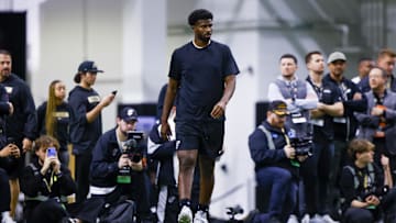 Colorado Buffaloes quarterback Shedeur Sanders runs drills at the University of Colorado NFL Showcase at the CU Indoor Practice Facility. 
