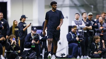 Apr 4, 2025; Boulder, CO, USA; Colorado Buffaloes quarterback Shedeur Sanders (2) runs drills at the University of Colorado NFL Showcase at the CU Indoor Practice Facility. Mandatory Credit: Michael Ciaglo-Imagn Images
