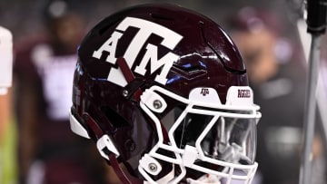 Sep 2, 2023; College Station, Texas, USA; A detailed view of a Texas A&M Aggies helmet on the sideline during the game against the New Mexico Lobos at Kyle Field. Mandatory Credit: Maria Lysaker-USA TODAY Sports