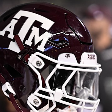 A detailed view of a Texas A&M Aggies helmet on the sideline during the game against the New Mexico Lobos at Kyle Field.