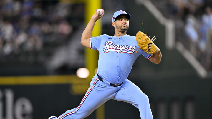 Aug 18, 2024; Arlington, Texas, USA; Texas Rangers relief pitcher Gerson Garabito (58) pitches against the Minnesota Twins during the fourth inning at Globe Life Field. Mandatory Credit: Jerome Miron-USA TODAY Sports