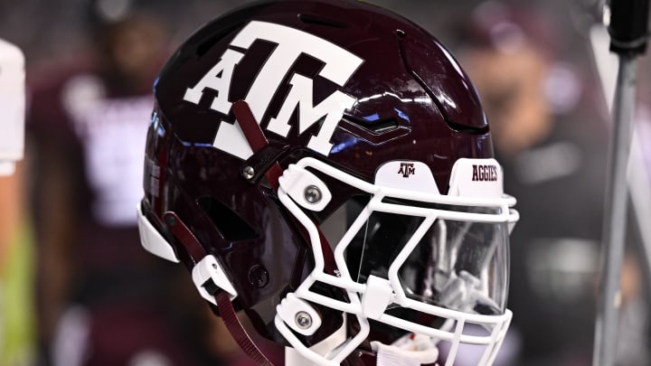 Sep 2, 2023; College Station, Texas, USA; A detailed view of a Texas A&M Aggies helmet on the sideline during the game against the New Mexico Lobos at Kyle Field.