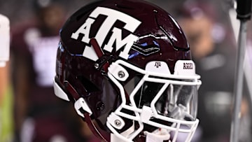 Sep 2, 2023; College Station, Texas, USA; A detailed view of a Texas A&M Aggies helmet on the