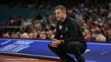 Apr 5, 2025; San Antonio, TX, USA; Duke basketball head coach Jon Scheyer looks on during the second half in the semifinals of the men's Final Four of the 2025 NCAA Tournament at the Alamodome. 