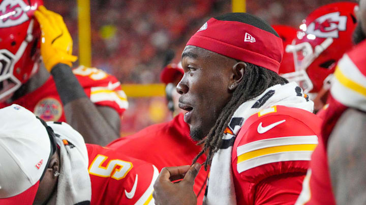 Aug 22, 2025; Kansas City, Missouri, USA; Kansas City Chiefs wide receiver Rashee Rice (4) on the sidelines against the Chicago Bears during the first half of the game at GEHA Field at Arrowhead Stadium. Mandatory Credit: Denny Medley-Imagn Images