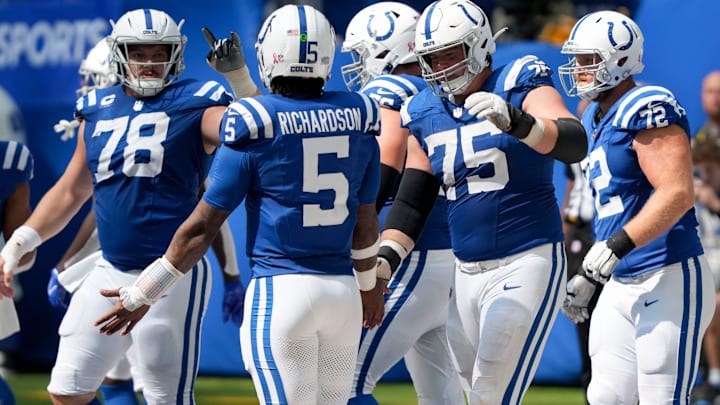 Indianapolis Colts quarterback Anthony Richardson (5) talks to the team Sunday, Sept. 8, 2024, during a game against the Houston Texans at Lucas Oil Stadium in Indianapolis.