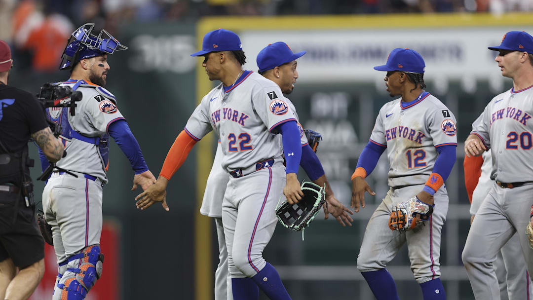 Mar 28, 2025; Houston, TX, USA; New York Mets right fielder Juan Soto (22) celebrates with teammates after the game against the Houston Astros at Daikin Park. Mandatory Credit: Troy Taormina-Imagn Images