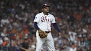 Sep 20, 2025; Houston, Texas, USA; Houston Astros starting pitcher Framber Valdez (59) reacts after a play during the fourth inning against the Seattle Mariners at Daikin Park. Mandatory Credit: Troy Taormina-Imagn Images