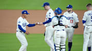 Oct 29, 2025; Los Angeles, California, USA; Los Angeles Dodgers manager Dave Roberts (30) relieves pitcher Blake Snell (7) in the seventh inning during game five of the 2025 MLB World Series at Dodger Stadium. Mandatory Credit: Kirby Lee-Imagn Images