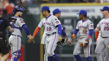 Mar 28, 2025; Houston, TX, USA; New York Mets right fielder Juan Soto (22) celebrates with teammates after the game against the Houston Astros at Daikin Park. Mandatory Credit: Troy Taormina-Imagn Images