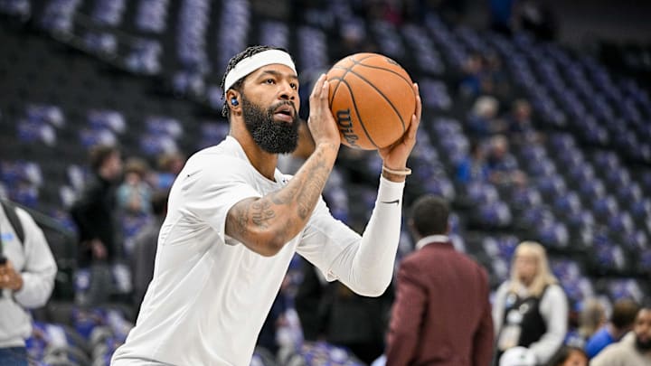 Nov 5, 2023; Dallas, Texas, USA; Dallas Mavericks forward Markieff Morris (88) warms up before the game between the Dallas Mavericks and the Charlotte Hornets at the American Airlines Center. Mandatory Credit: Jerome Miron-Imagn Images