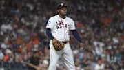 Sep 20, 2025; Houston, Texas, USA; Houston Astros starting pitcher Framber Valdez (59) reacts after a play during the fourth inning against the Seattle Mariners at Daikin Park. Mandatory Credit: Troy Taormina-Imagn Images
