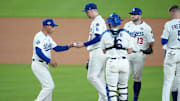 Oct 29, 2025; Los Angeles, California, USA; Los Angeles Dodgers manager Dave Roberts (30) relieves pitcher Blake Snell (7) in the seventh inning during game five of the 2025 MLB World Series at Dodger Stadium. Mandatory Credit: Kirby Lee-Imagn Images
