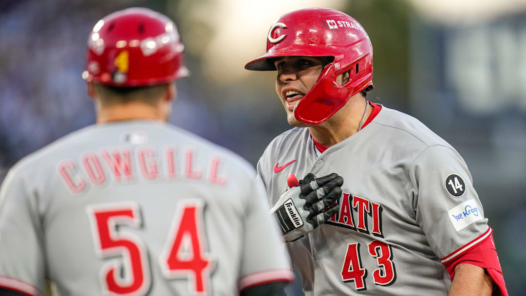 Cincinnati Reds first baseman Sal Stewart (43) celebrates a two-RBI single in the first inning of the MLB National League Wild Card Game 2 between the Los Angeles Dodgers and the Cincinnati Reds at Dodger Stadium in Los Angeles on Wednesday, Oct. 1, 2025. The Reds were eliminated from the postseason with an 8-4 loss to the reining World Series Champions La Dodgers. Cincinnati Reds first baseman Sal Stewart (43) celebrates a two-RBI single in the first inning of the MLB National League Wild Card Game 2 between the Los Angeles Dodgers and the Cincinnati Reds at Dodger Stadium in Los Angeles on Wednesday, Oct. 1, 2025. The Reds were eliminated from the postseason with an 8-4 loss to the reining World Series Champions La Dodgers.