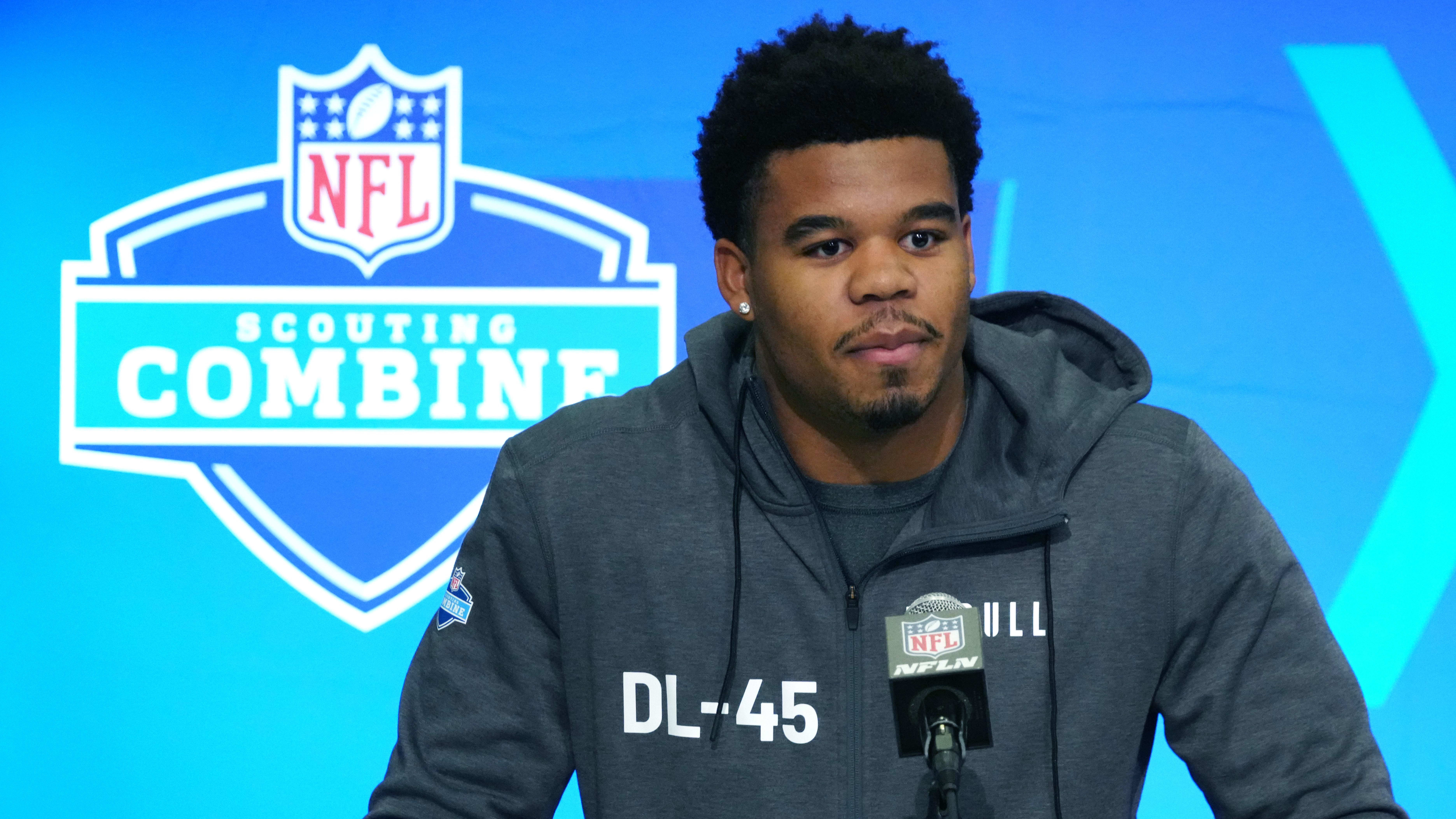 Penn State defensive lineman Chop Robinson (DL45) speaks at the combine