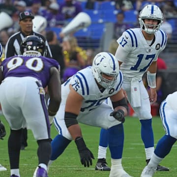 Aug 7, 2025; Baltimore, Maryland, USA; Indianapolis Colts quarterback Daniel Jones (17) runs the offense during the first quarter against the Baltimore Ravens at M&T Bank Stadium. Mandatory Credit: Mitch Stringer-Imagn Images