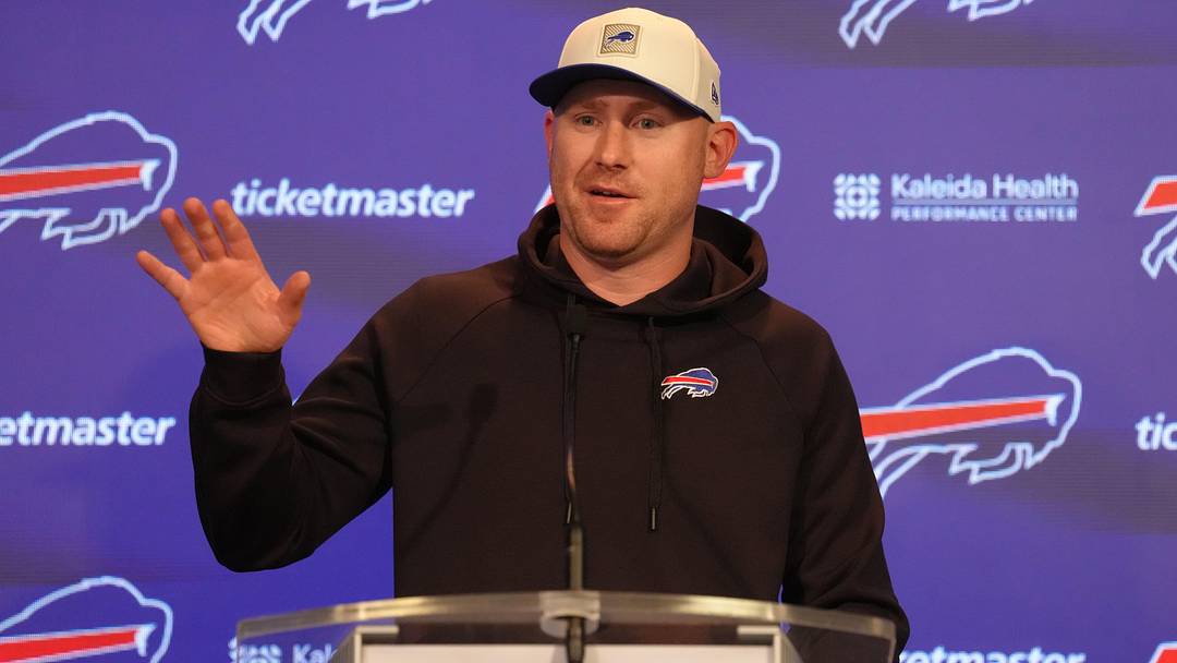Jun 9, 2026; Orchard Park, NY, USA; Buffalo Bills head coach Joe Brady answers questions during practice press conference. Mandatory Credit: Gregory Fisher-Imagn Images