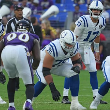 Aug 7, 2025; Baltimore, Maryland, USA; Indianapolis Colts quarterback Daniel Jones (17) runs the offense during the first quarter against the Baltimore Ravens at M&T Bank Stadium. Mandatory Credit: Mitch Stringer-Imagn Images
