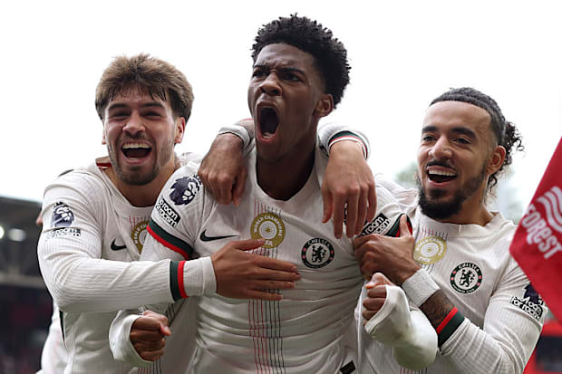 Josh Acheampong celebrates scoring for Chelsea