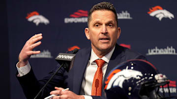 Feb 6, 2023; Englewood, CO, USA; General manager George Paton speaks during a press conference at