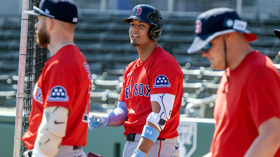 Feb 17, 2025; Lee County, FL, USA; Boston Red Sox  Vaughn Grissom (5) getting ready to bat during spring training at Jet Blue Park at Fenway South. Photo Credit: Chris Tilley-Imagn Images 
