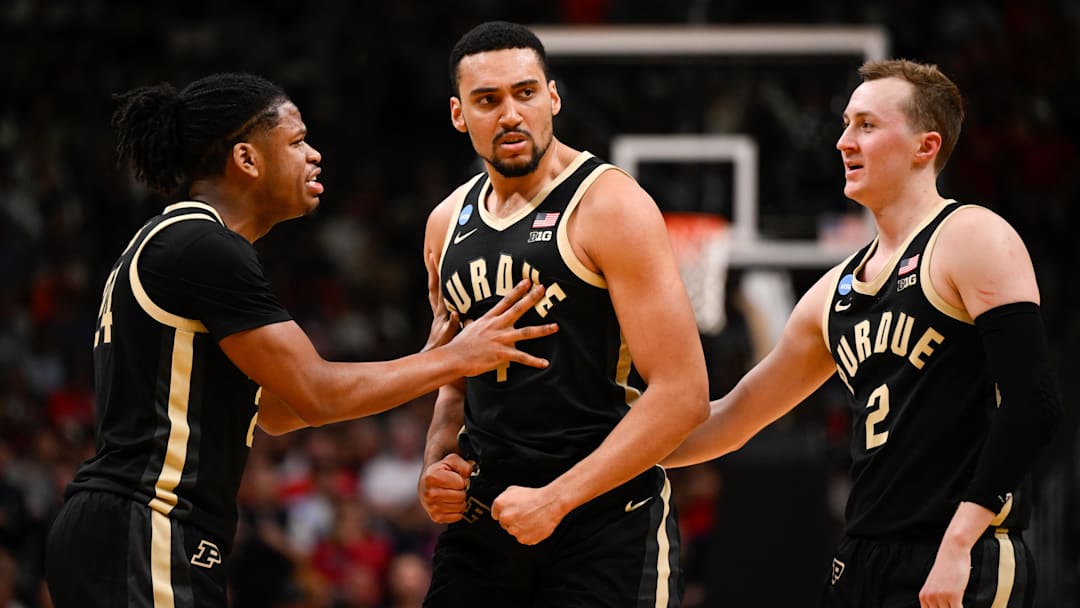 Purdue Boilermakers guard Gicarri Harris (24), forward Trey Kaufman-Renn (4) and guard Fletcher Loyer (2) react. Purdue Boilermakers guard Gicarri Harris (24), forward Trey Kaufman-Renn (4) and guard Fletcher Loyer (2) react.