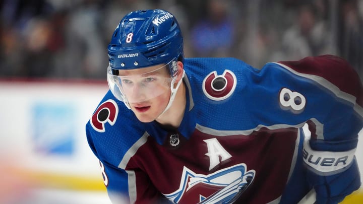 Apr 18, 2024; Denver, Colorado, USA; Colorado Avalanche defenseman Cale Makar (8) during the second period against the Edmonton Oilers at Ball Arena. Mandatory Credit: Ron Chenoy-USA TODAY Sports